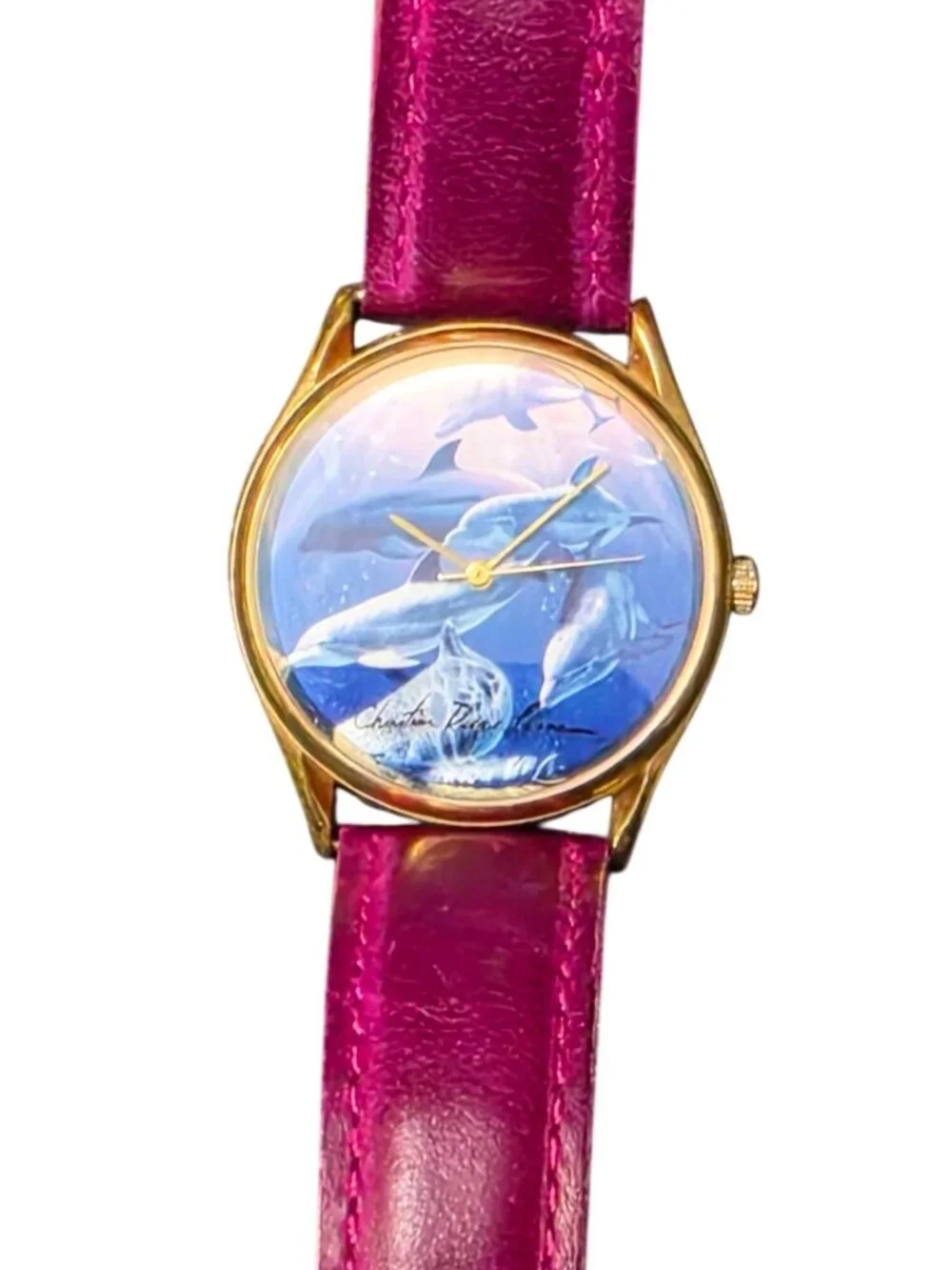 Vintage Christian Riese Lassen Dolphin Watch Pink Leather Band Original Box